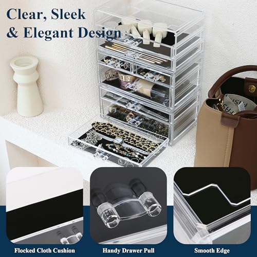 Sea Team 3-Tier Stackable Clear Makeup Organizer with Drawers, Acrylic Plastic Cosmetic Display Case, Jewelry Storage Box, Holder for Dresser, Bathroom, Vanity, Countertop (8 Drawers)