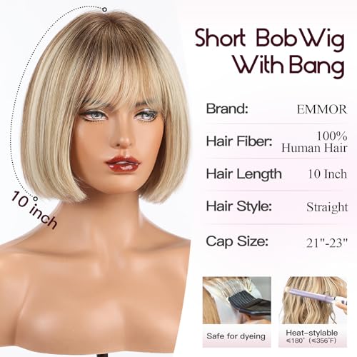 EMMOR 100% Human Hair Wig for Women - 10 Inch Shoulder Length Bob Cut with Bangs & Breathable Cap, Natural Looking for Daily Wear(Ombre Blonde Mixed Brown)