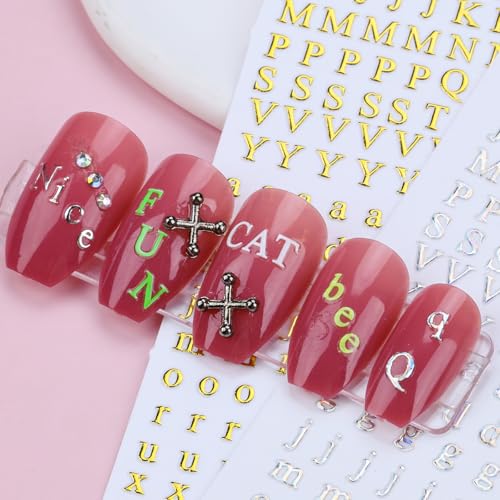 12 Sheets Alphabet Nail Art Stickers 3D Black White Gold Nail Letter Stickers Large Small Self-Adhesive English Nail Decals Manicure Accessories for Women Girls DIY Nail Art Design