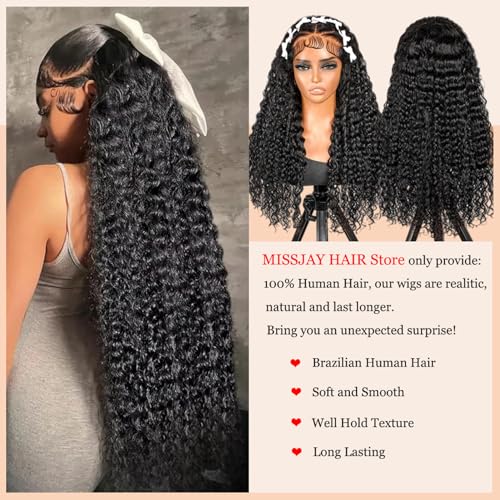 MISSJAY 13x6 Deep Wave Lace Front Wig Human Hair 32 Inch 200% Density Deep Curly Wig with Baby Hair Pre Plucked Lace Front Wigs 100% Unprocessed Brazilian Virgin Hair Natural Color for Women