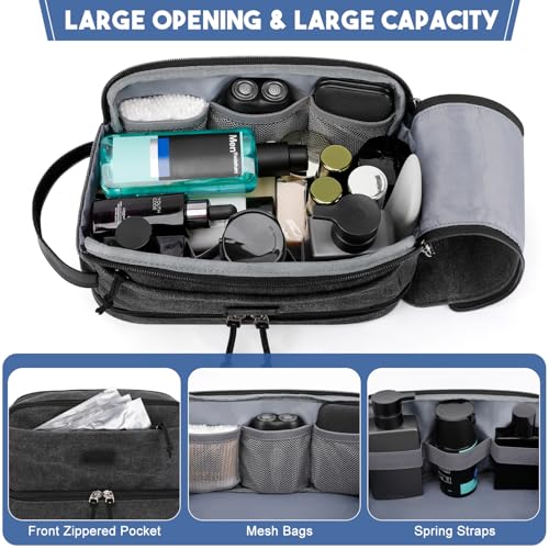 ZOMFELT Travel Toiletry Bag for Men, Canvas Hanging Toiletry Bag Shaving Dopp Kit Water Resistant Bathroom Shower Bag with Double Layer, Makeup Cosmetic Hygiene Bag for Toiletries Accessories, Black