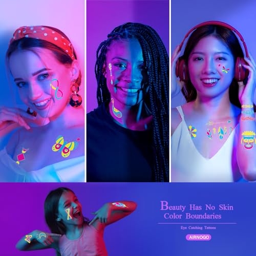 Temporary Tattoos 170 PCS Glow in The Dark Tattoos that React to Neon UV Black Light, Tattoos for Kids Teens and Adult, Neon Glow Party Decorations, Glow in The Dark Party Supplies, Glow Party Favors