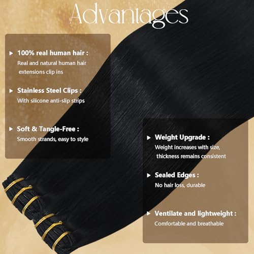 Clip in Hair Extensions Real Human Hair 75g #1 Jet Black Human Hair Extensions 15 Inches 7pcs Natural Straight Silky Black Hair Clip Ins for Black Women 75g #1