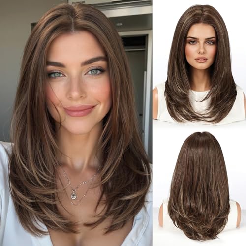 HAIRCUBE Human Hair Wig Lace Front Wig Glueless Wigs Layered Shoulder-Length HairWigs for Women, Brown with Blonde Highlights, Human Hair Blend, 13"¡¿5"¡¿1" HD Lace, 18 Inch Daily Use