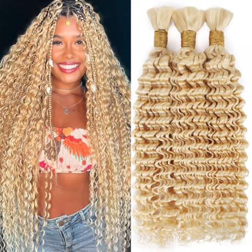 Human Braiding Hair for Boho Braids 150g 24 Inch 613 Blonde Brown Curly Boho Hair for Braiding Knotless 12A Deep Wave Bulk Bohemian 3 Bundles/Pack Color 613