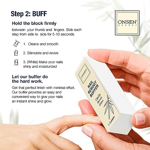Onsen Secret Complete Nail Reboot Kit w/Cuticle Oil 10ml, Nail File 120/180 Grit Double Sided, A 3-Way Buffer Block & Cuticle Serum-15ml in Action | Super Value Pack