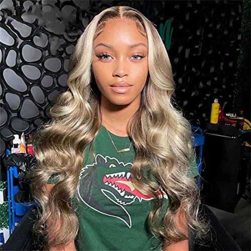 Ash Blonde with Silver Gray Highlight Lace Front Wig Human Hair 180% Density 13x4 Body Wave Mini Knots HD Invisible Lace Wig for Women Glueless Milk Tea Brown Colored with Silver Blonde Wigs 26 Inch