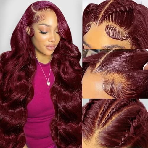 99j Burgundy 13x6 Body Wave Lace Front Wigs Human Hair 200% Density Glueless HD Transparent Lace Frontal Wigs Human Hair Pre Plucked With Baby Hair Burgundy Wine Red Wigs For Women 32 Inch