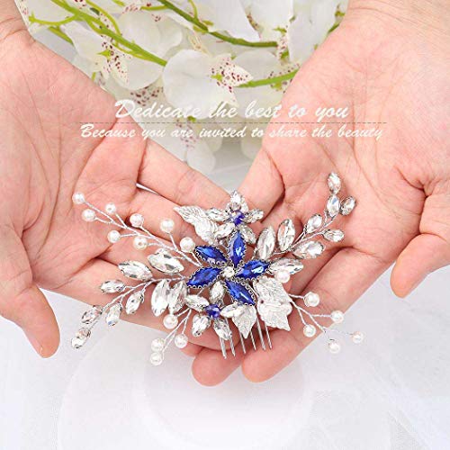 Olbye Wedding Hair Comb Blue Rhinestone Bridal Hair Accessories for Bride and Bridesmaids Wedding Hair Piece Silver