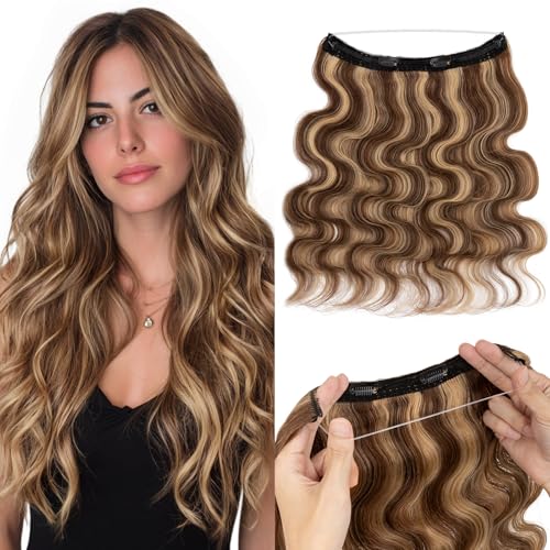 MY-LADY Wavy Halo Hair Extensions Real Human Hair for Women Medium Brown & Dark Blonde Clip in Remy Hairpiece with Adjustable Invisible Wire 18 Inch 65G