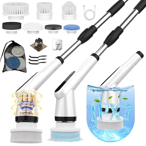 Electric Spin Scrubber, Dreazu IPX7 Bathroom Scrubber with 7 Replaceable Floor Machine Pads & Retractable Handle, 2-Speed Adjustable Shower Cleaner Brush for Bathroom, Bathtub, Kitchen, Tile Floors