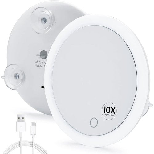 Mavoro 6.8" LED Magnifying Mirror with 3 Strong Suction Cups | 10X Magnification | Portable Lighted Travel Makeup & Cosmetic Mirror with Light (USB-C Rechargeable Built-in Battery |10X)