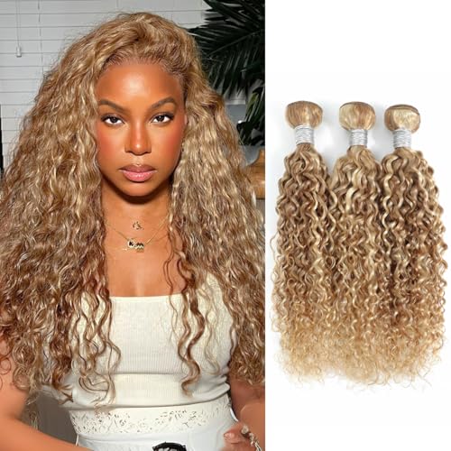 27/613 Ombre Blonde 3 Bundle Human Hair Water Wave 16/18/20 Inch, 13A Grade Highlighted Multi-Blonde Human Hair Wet n Wavy Curly Bundles 100% Raw Brazilian Silky Colored Hair Weaves Extension