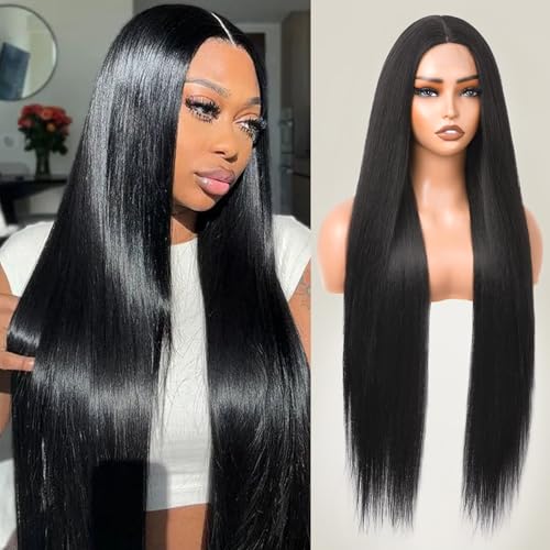 Long Straight Black Wigs for Women Glueless Synthetic Wig Middle Part 32 Inch