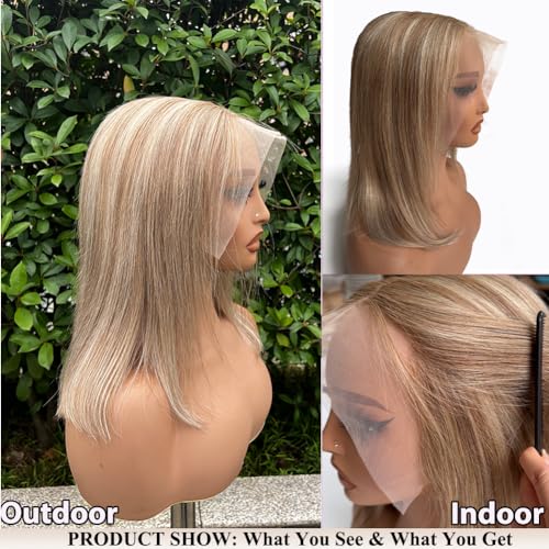 Belaved 8T860 16 Inch Ombre Bob Wig Human Hair Highlight Brown to Blonde 13¡¿6 Glueless HD Lace Front Bob Wigs with Baby Hair Free Part Pre Plucked Hairline Straight Bob Wig Human Hair for White Women