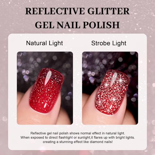 RARJSM Red Reflective Glitter Gel Nail Polish Holographic Rainbow Iridescent Sparkle Flash Diamond Shimmer LED UV Soak Off Gelpolish Nail Art Manicure Salon DIY at Home 1pcs 7.5ml