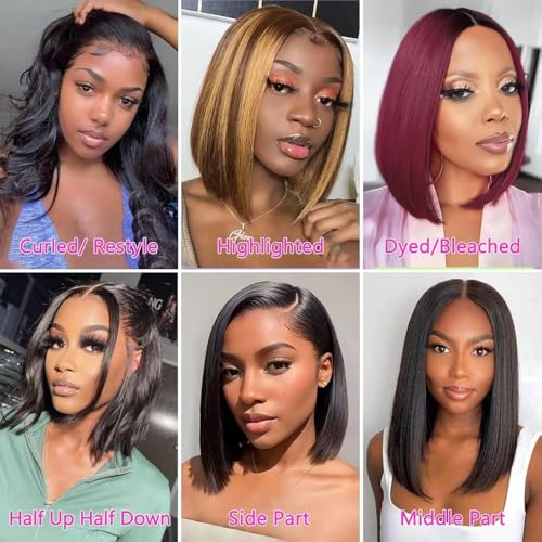 Bob Wig Human Hair 180% Density 13x4 HD Transparent Lace Front Wigs Human Hair Pre Plucked Short Bob Glueless Straight Wigs Human Hair for Women Natural Black 12 Inch