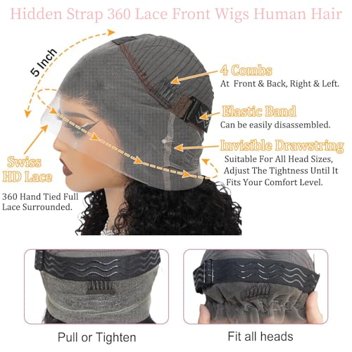 360 HD Lace Water Wave Wig Human Hair ? Hidden Strap Glueless Wig for Women, Pre Plucked Natural Hairline, Bleached Knots, Beginner Friendly, Invisible Secure Fit, 250% Density, Natural Black