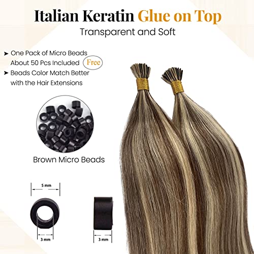 Hair Extensions Real Human Hair I Tip Extensions Bleach Blonde Highlighted Medium Brown Human Hair Extensions for Women 24 Inch Long Straight Brown and Blonde I Tips 50s 50g