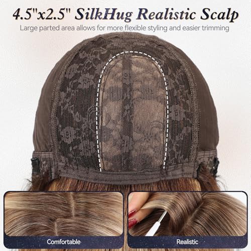 starluck Real Human Hair Wigs for Women, 10 Inch 100% Luxury Virgin Bob Sleek Wig Human Hair with SilkHug Cap, Natural for Daily & Parties Light Blonde with Light Brown with Blunt Bangs (T4/613/6#)