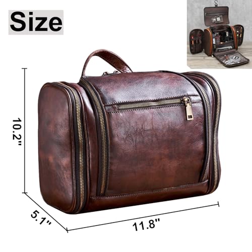 Toiletry Bag For Men, Genuine Leather Toiletries Organizer, Large Travel Hanging Toiletry Bag Water-resistant Bathroom Shaving Kit for Cosmetics, Makeup Case Travel Dopp Kit