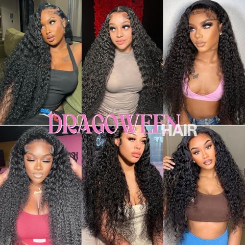 Deep Wave Lace Front Wigs Human Hair 200 Density 13x6 HD Transparent Lace Front Wigs for Women Pre Plucked Deep Curly Lace Frontal Wig Human Hair Glueless Wigs Natural Black 30 Inch