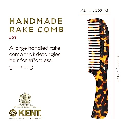Kent 10T TY Large Wide Tooth Detangler Comb - Handmade Rake for Curly, Wet or Dry Thick Hair - Smooth and Comfortable Saw Cut Design for Detangling