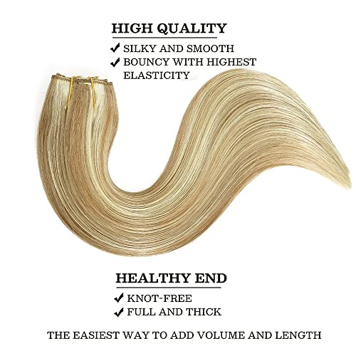 Star Show Wire Hair Extension Human Hair For Women Ash Blonde 16# with Bleach Blonde 613# Natural Straight Hair One Piece for Full Head (16 inch, Highlight Color #16/613)