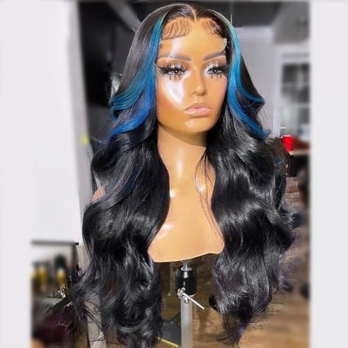 JYZ Skunk Stripe Wig Human Hair Lace Front Blue Lace Front Wig Human Hair Wavy 13X4 HD 200% Density Highlight Wigs Pre Plucked with Baby Hair 26inch Middle Part