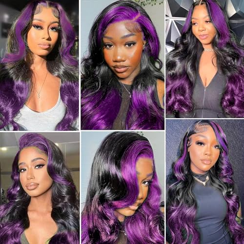 GOLDFINCH Skunk Stripe Wigs Human Hair Lace Front Purple Highlights Wig 13x4 HD Dark Burgundy Highlight Body Wave 150% Density Pre Plucked with Baby 24 Inch