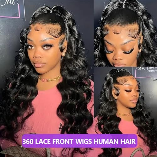 Body Wave 360 Lace Front Wigs Human Hair 28 Inch Hidden Strap HD Lace Front Wigs Human Hair 180 Density Drawstring 360 Full Lace Frontal Glueless Wigs Human Hair Pre Plucked Wig for Women