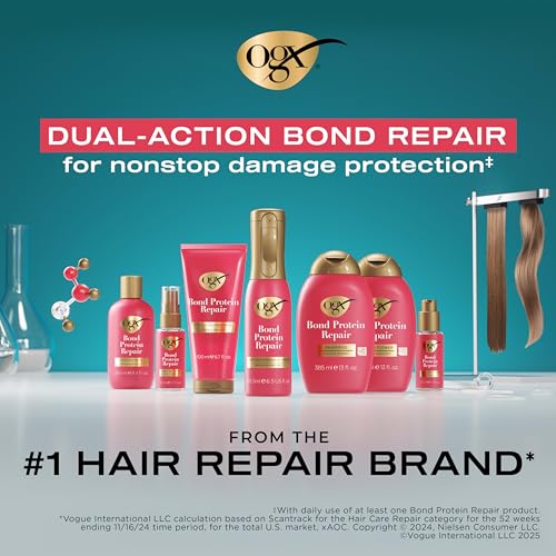 OGX Repair & Protect Bond Protein Repair Shampoo, Lightweight Hair Wash Cleanses & Targets Damaged Hair for Effective Bond Repair, Formulated without Parabens, 13 fl. oz