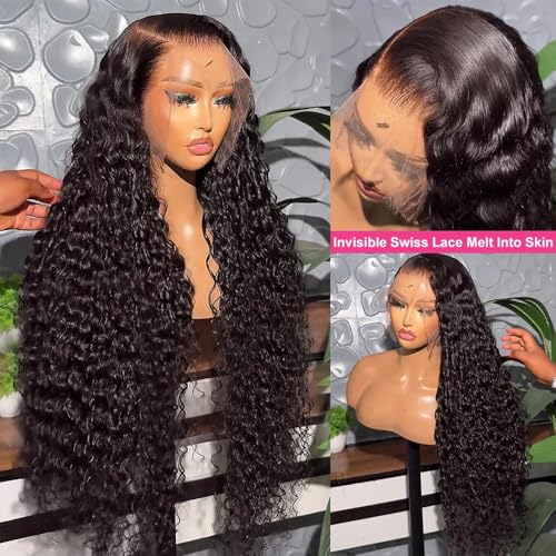 13x6 Deep Wave Lace Front Wigs Human Hair 200% Density HD Lace Frontal Wigs 12A Glueless Curly Wigs Human Hair Pre Plucked with Baby Hair Wet And Wavy Wigs for Black Women Natural Black 22 inch