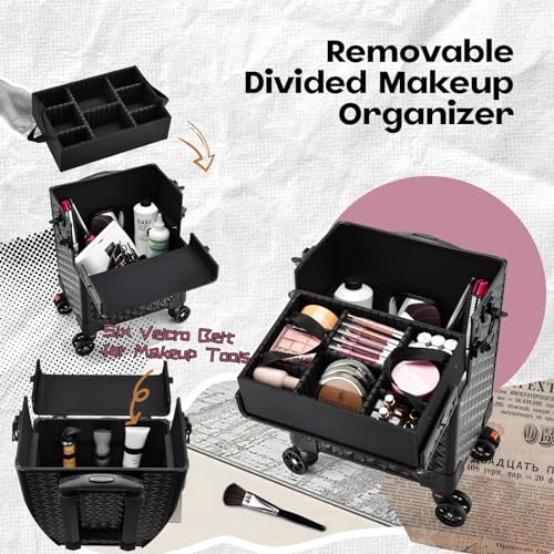 5 in 1 Makeup Train Case, Cosmetology Case on Wheels Travel Make up Case Rolling Nail Cart Makeup Organizer Cosmetic Storage Box Cases Extra Large Trolley Truck with 360¡Æ Swivel Wheels, Black