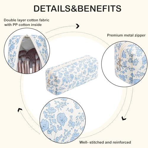 Cute Floral Makeup Brush Bag Small Cotton Quilted Cosmetic Bag for Women Travel Toiletry Zipper Make Up Pouch (Blue Floral)
