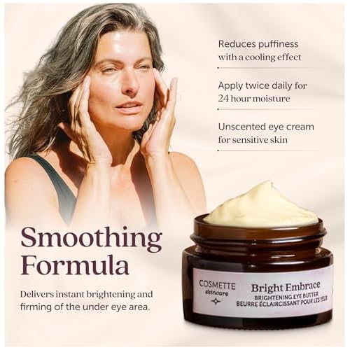 Cosmette Bright Embrace Brightening Eye Cream - Vegan Under Eye Butter for Dark Circles, Bags & Wrinkles with Niacinamide - Natural, Anti-Aging Sensitive Skin Protection for Clean Beauty, 0.5 FL Oz