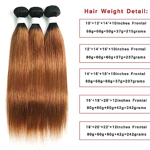 Straight Human Hair Bundles with Frontal Ombre Brown T1B/30 Color Lace Frontal Closure With Bundles (16 18 20+12 Frontal,242g) Remy 100% Human Hair Weave With Frontal for Black Women