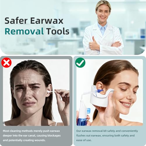 Ear Wax Removal Tool, Ear Cleaning Kits Safe Ear Irrigation Kit Ear Flush Kit for Adults Kids, Ear Wax Washer Device with LED Earwax Spoon, Basin, Bulb, Curette Kit, Towel,Tips,Storage Box,Blue,50pcs