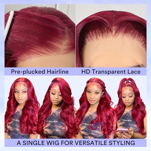 30 Inch 99j Burgundy Lace Front Wigs Human Hair 13x4 HD Red Burgundy Body Wave Wig Human Hair 200 Density Body Wave Lace Front Wigs Human hair Pre Plucked Glueless Frontal Wigs Human Hair for Women