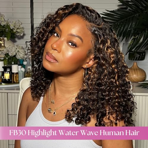 Honey Blonde Highlight F1B30 Water Wave Bundles Human Hair, 12A Soft Thick Wet and Wavy Black and Brown Ombre Color Curly Single Bundles 100% Unprocessed Brazilian Virgin Remy Human Hair 10 In