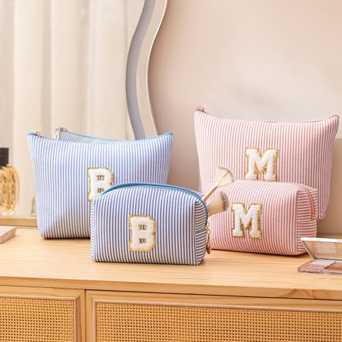 Pink Personalized Initial Makeup Bag Set, Cute Preppy Travel Toiletry Cosmetic Bags, Small Make Up Pouch, Birthday Gifts for Women, Girls, Friends, (M)