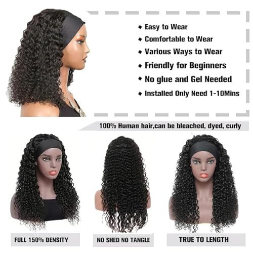 Curly Headband Wig Human Hair 26Inch Human Hair Headband Wig Glueless Wear and Go Human Hair Scarf None Lace Front Wigs 150% Density Natural Color