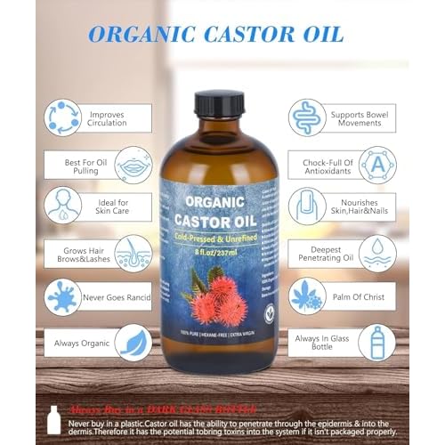 Organic Castor Oil for Face Roll On£¬Rollerball Deep Hydration for Skin Care and Hair, Castor Oil Organic Cold Pressed Unrefined Glass Bottle 8oz with 2 Roller