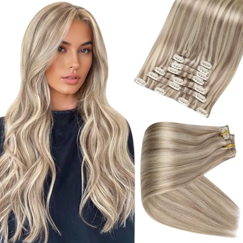 Full Shine Ash Blonde Clip in Extensions Human Hair 22 Inch PU Weft Real Hair Clip in Ash Blonde Highlights Platinum Blonde Silky Straight Remy Hair 8 PCS 120 G