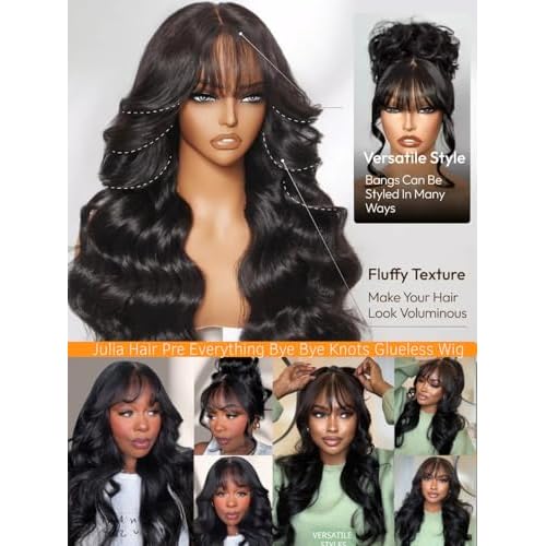 Julia Hair 13X4 HD Pre Everything Glueless Lace Frontal Wigs Human Hair Fluffy Natural Loose Wave Curtain Bangs Wig Pre Plucked Invisible Bleached Knots Pre Cut Lace Front Wig for Women 16 Inch