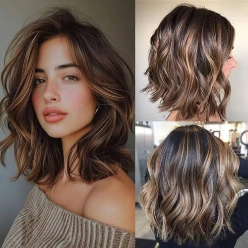 Ombre Brown Short Bob Wig Highlights Wavy Mixed Blonde Human Hair 13x6 HD Transparent Invisible Lace Front Wigs Pre Cut Pre Bleached Loose Wave Bob Brazilian Hair 150% Density 8inch