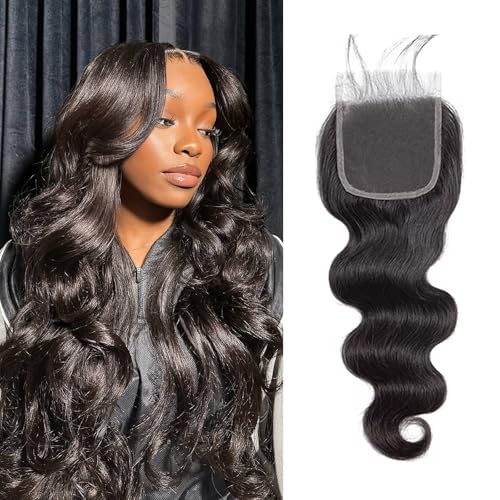 4x4 Lace Closure Human Hair Body Wave Transparent Lace Closure Free Part 100% Unprocessed Brazilian Human Hair Closure 150% Density Pre Plucked With Baby Hair Natural Black Color 20 Inch