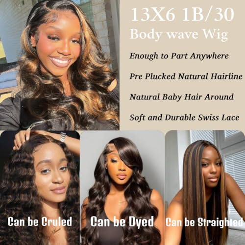 32Inch 13x6 Highlight Body Wave Lace Front Wig Human Hair Pre Plucked 180% Density 1B/30 Ombre Frontal Wigs Brazilian Virgin Human Hair Wigs for Women Pre Plucked with Baby Hair