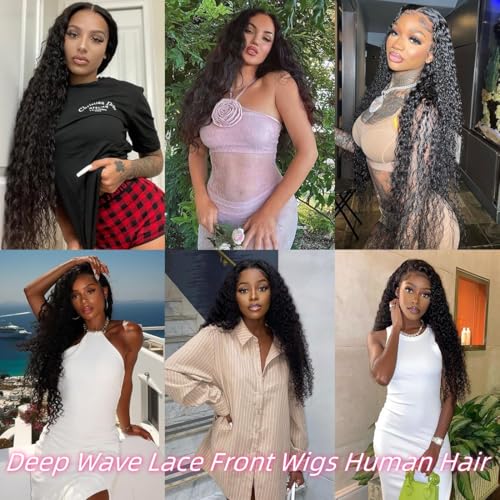 13x6 Deep Wave Lace Front Wigs Human Hair 220 Density HD Transparent Pre Plucked Deep Curly Frontal Wigs Human Hair for Women Natural Black 32 Inch