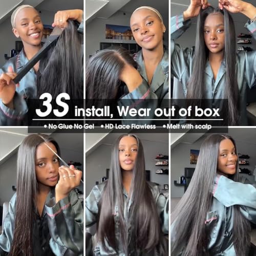 Amella Glueless Wigs Human Hair Pre Plucked Pre Cut Lace Glueless Wig Wear and Go 24 Inch 220% Density 13¡¿4 HD Lace Closure Wigs Human Hair 12A Straight Human Hair Wig Bleached Knots Natural Color